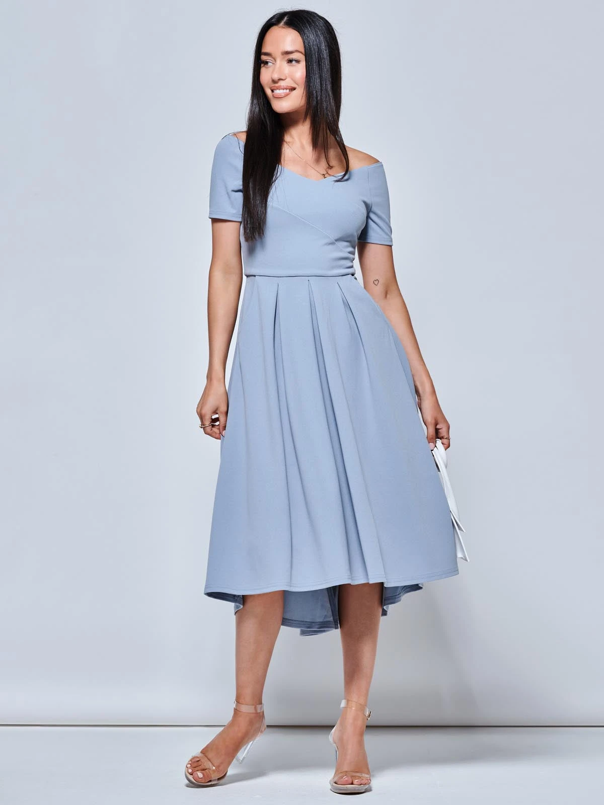 Off The Shoulder Dip Hem Dress, Steel Blue 5 Off The Shoulder Dip Hem Dress, Steel Blue - Image 5