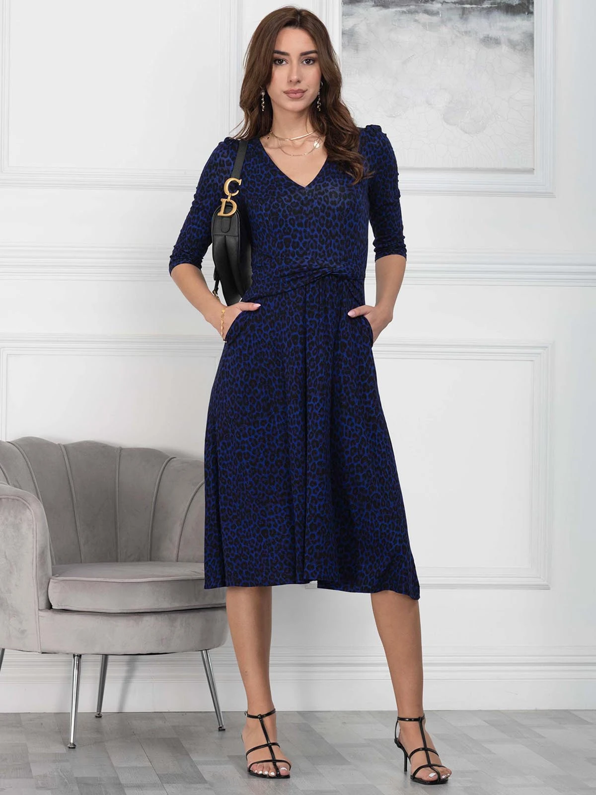 Jolie Moi Delylah V Neck Midi Dress, Blue Leopard 5 Jolie Moi Delylah V Neck Midi Dress, Blue Leopard - Image 5