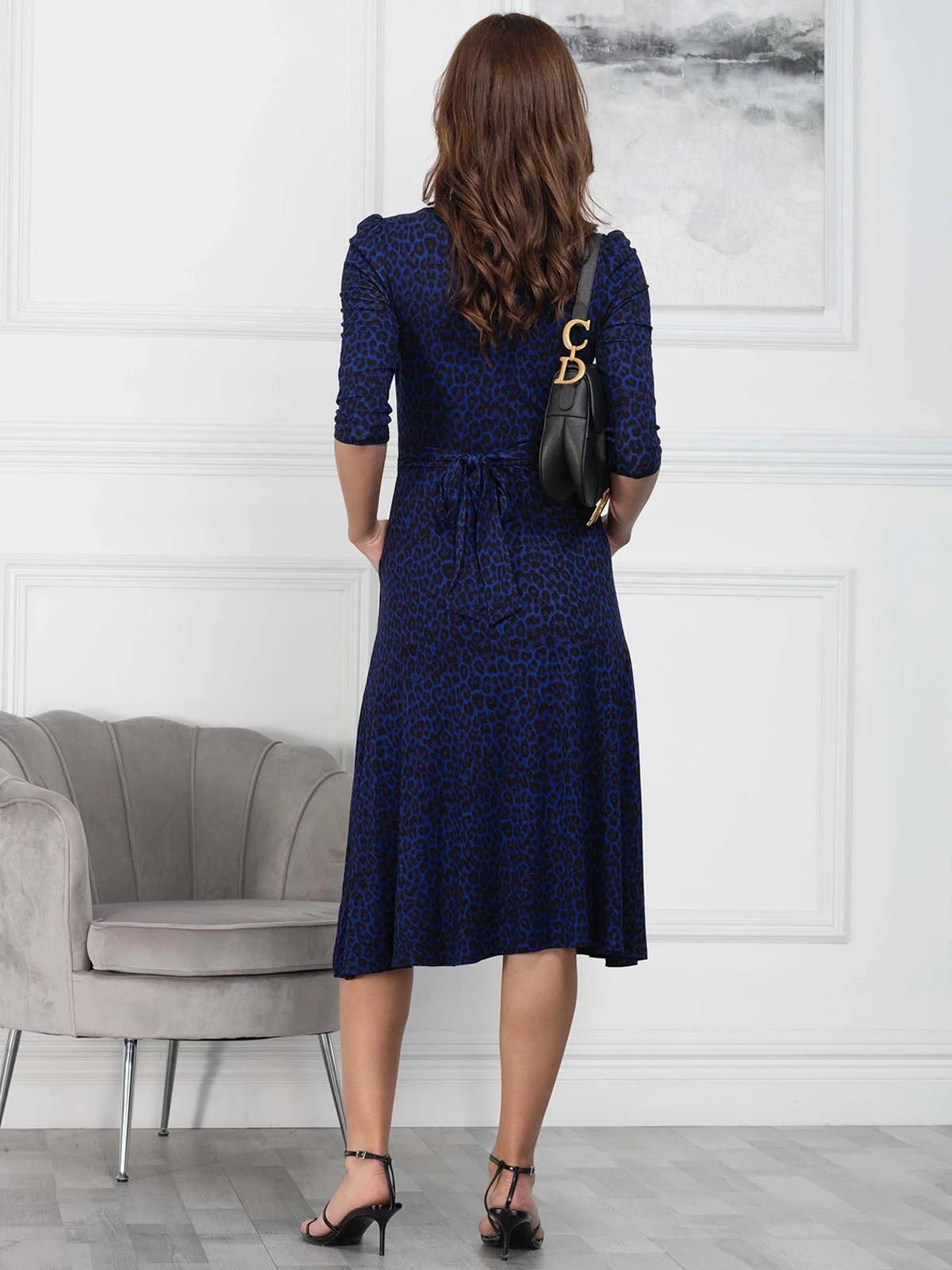 Jolie Moi Delylah V Neck Midi Dress, Blue Leopard 2 Jolie Moi Delylah V Neck Midi Dress, Blue Leopard - Image 2