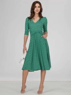 Jolie Moi Delylah V Neck Midi Dress, Green Geo 11 Jolie Moi Delylah V Neck Midi Dress, Green Geo -DORIA Clothing Shop RHNT 322 GreenGeo 1
