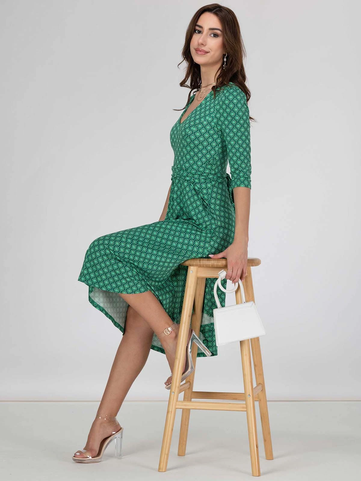 Jolie Moi Delylah V Neck Midi Dress, Green Geo 1 Jolie Moi Delylah V Neck Midi Dress, Green Geo
