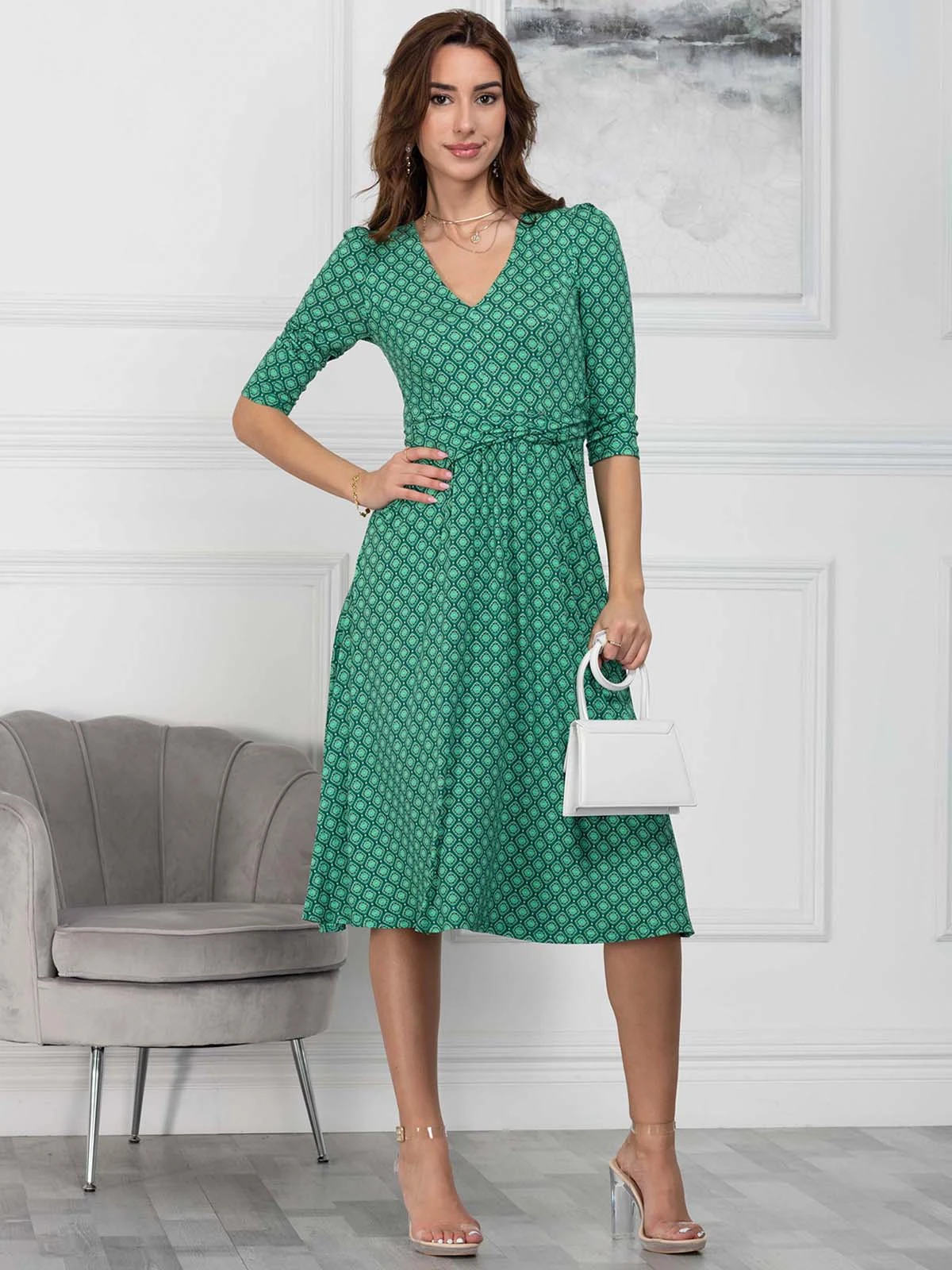 Jolie Moi Delylah V Neck Midi Dress, Green Geo 5 Jolie Moi Delylah V Neck Midi Dress, Green Geo - Image 5