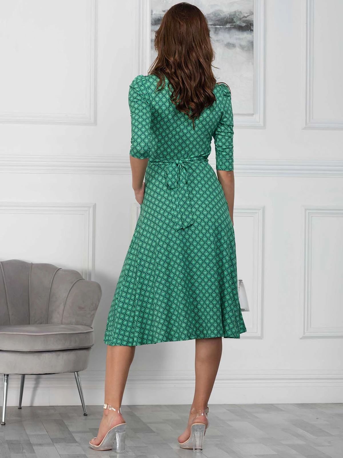 Jolie Moi Delylah V Neck Midi Dress, Green Geo 2 Jolie Moi Delylah V Neck Midi Dress, Green Geo - Image 2