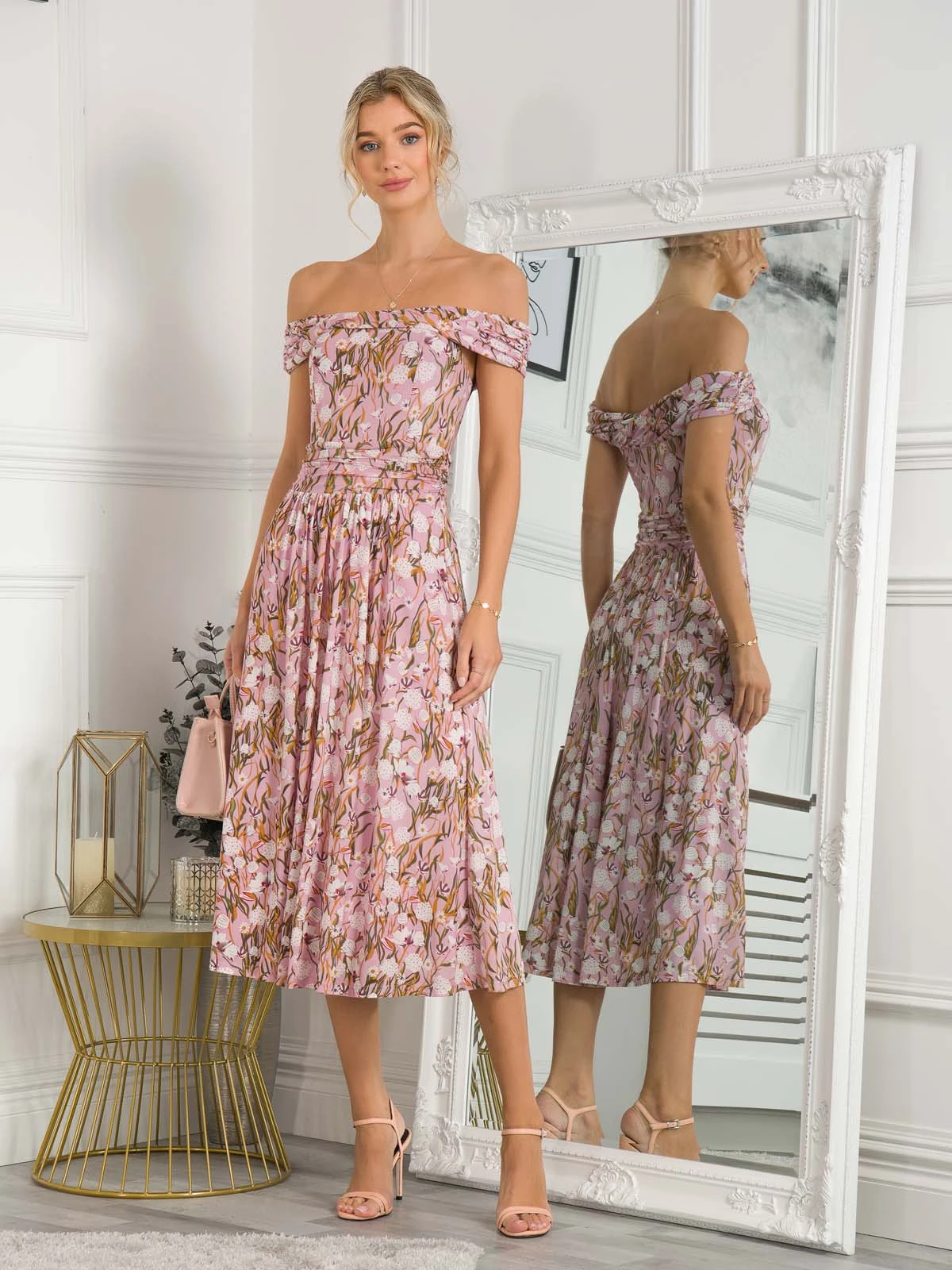 Rezka Off Shoulder Mesh Midi Dress, Light Pink 4 Rezka Off Shoulder Mesh Midi Dress, Light Pink - Image 4