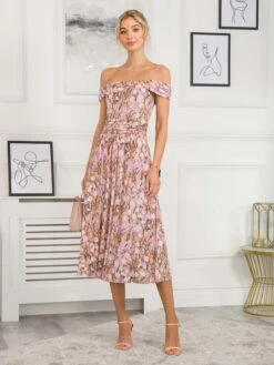 Rezka Off Shoulder Mesh Midi Dress, Light Pink 9 Rezka Off Shoulder Mesh Midi Dress, Light Pink -DORIA Clothing Shop RKH 2318 LightPink 2