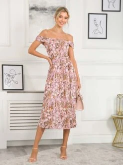 Rezka Off Shoulder Mesh Midi Dress, Light Pink