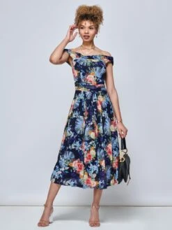 Rezka Off Shoulder Mesh Midi Dress, Navy Floral -DORIA Clothing Shop RKH 2318 NavyFloral 1