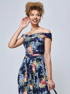 Rezka Off Shoulder Mesh Midi Dress, Navy Floral -DORIA Clothing Shop RKH 2318 NavyFloral 3