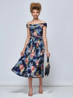 Rezka Off Shoulder Mesh Midi Dress, Navy Floral -DORIA Clothing Shop RKH 2318 NavyFloral 5