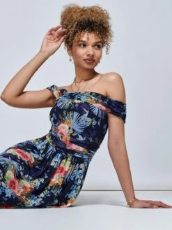 Rezka Off Shoulder Mesh Midi Dress, Navy Floral -DORIA Clothing Shop RKH 2318 NavyFloral 7