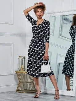 Raegan Wrap Tie Side Jersey Dress, Black Geo -DORIA Clothing Shop RNT18693 BLACKGEO 6