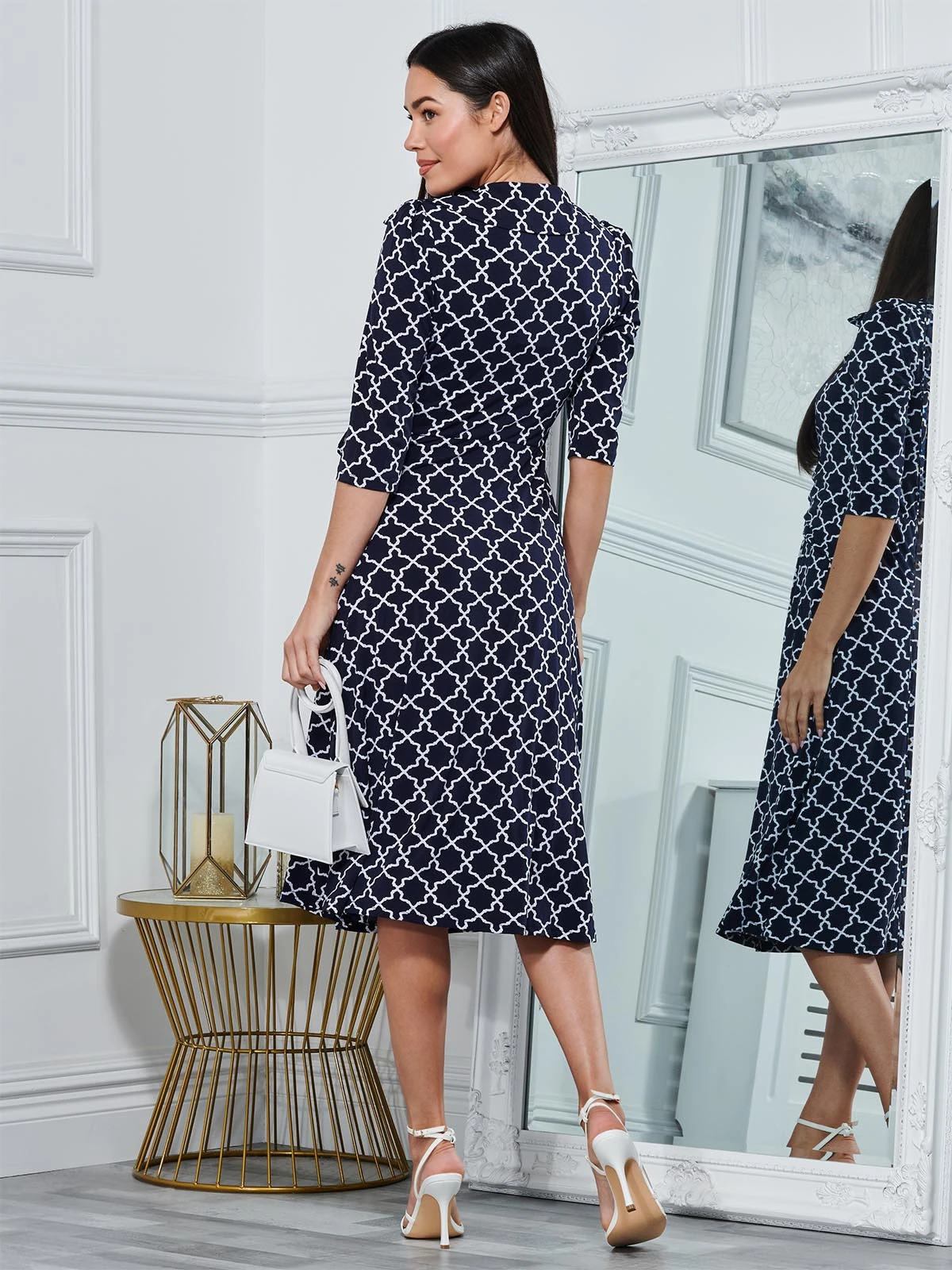 Raegan Wrap Tie Side Jersey Dress, Navy Geo 2 Raegan Wrap Tie Side Jersey Dress, Navy Geo - Image 2