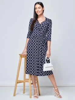 Raegan Wrap Tie Side Jersey Dress, Navy Geo 10 Raegan Wrap Tie Side Jersey Dress, Navy Geo -DORIA Clothing Shop RNT18693 NAVYGEO 5