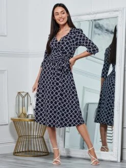 Raegan Wrap Tie Side Jersey Dress, Navy Geo 12 Raegan Wrap Tie Side Jersey Dress, Navy Geo -DORIA Clothing Shop RNT18693 NAVYGEO 6
