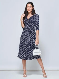 Raegan Wrap Tie Side Jersey Dress, Navy Geo 13 Raegan Wrap Tie Side Jersey Dress, Navy Geo -DORIA Clothing Shop RNT18693 NAVYGEO 7