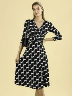 Raegan Wrap Tie Side Jersey Dress, Black Geo -DORIA Clothing Shop RNT18693 BlackGeo 5