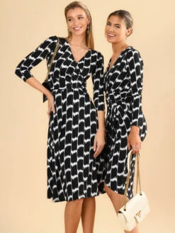 Raegan Wrap Tie Side Jersey Dress, Black Geo -DORIA Clothing Shop RNT18693 BlackGeo 8