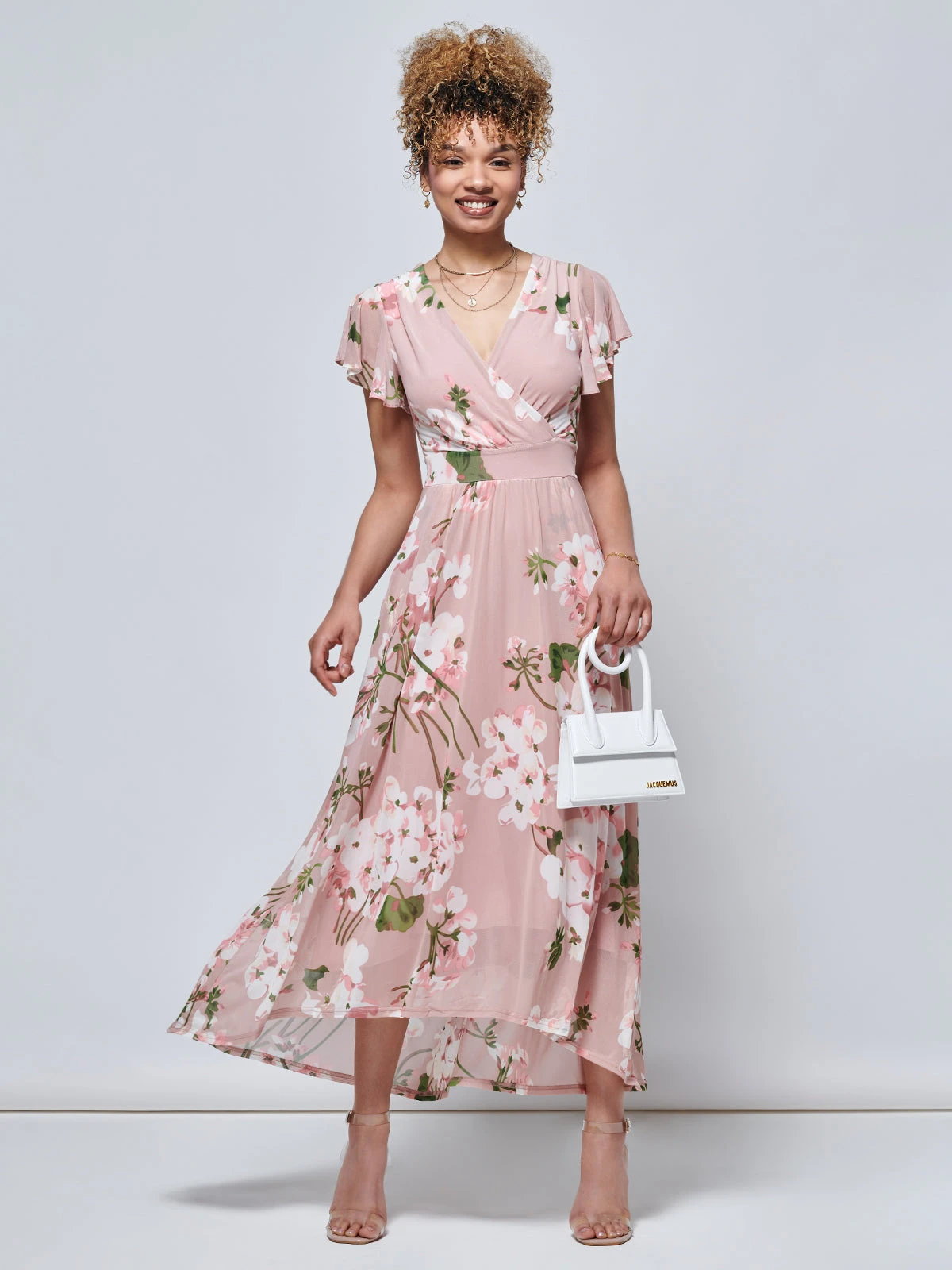 Jolie Moi Eleanor Wrap Mesh Maxi Dress, Pink Floral 4 Jolie Moi Eleanor Wrap Mesh Maxi Dress, Pink Floral - Image 4