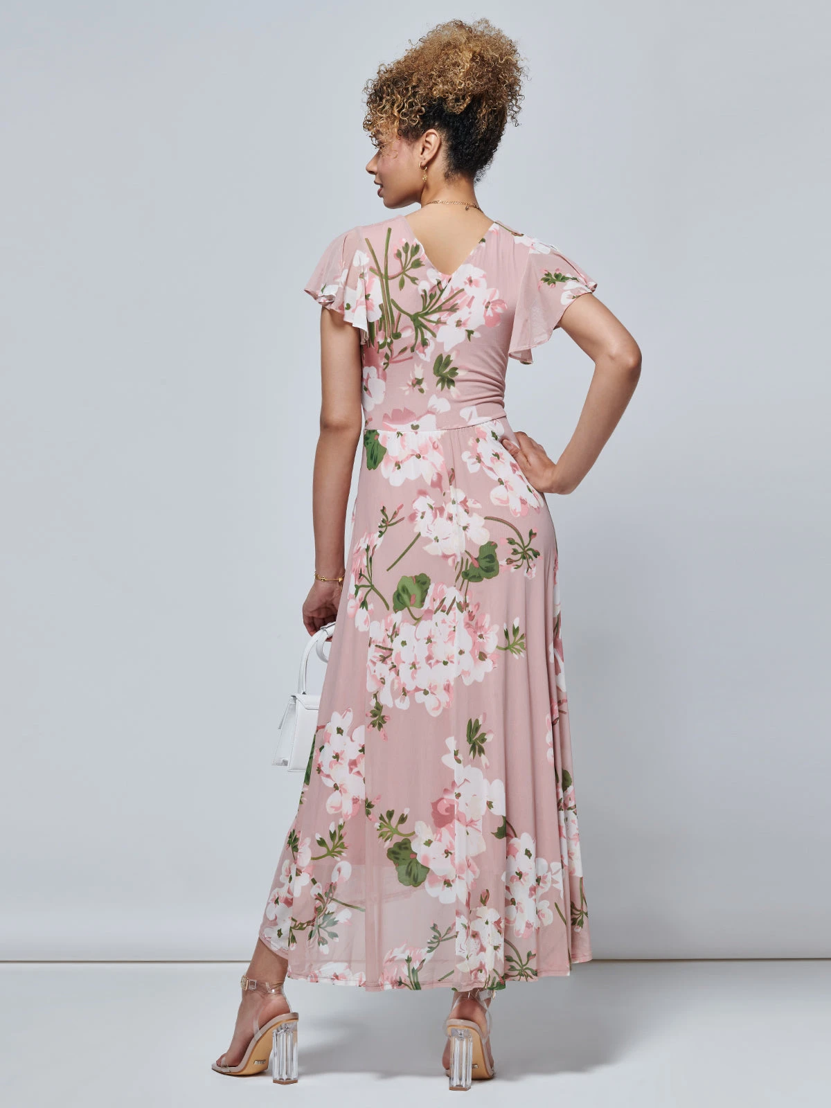Jolie Moi Eleanor Wrap Mesh Maxi Dress, Pink Floral 2 Jolie Moi Eleanor Wrap Mesh Maxi Dress, Pink Floral - Image 2