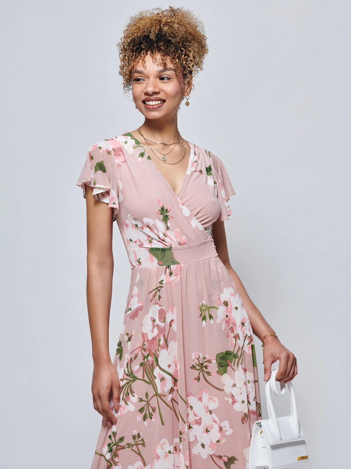 Jolie Moi Eleanor Wrap Mesh Maxi Dress, Pink Floral 3 Jolie Moi Eleanor Wrap Mesh Maxi Dress, Pink Floral - Image 3