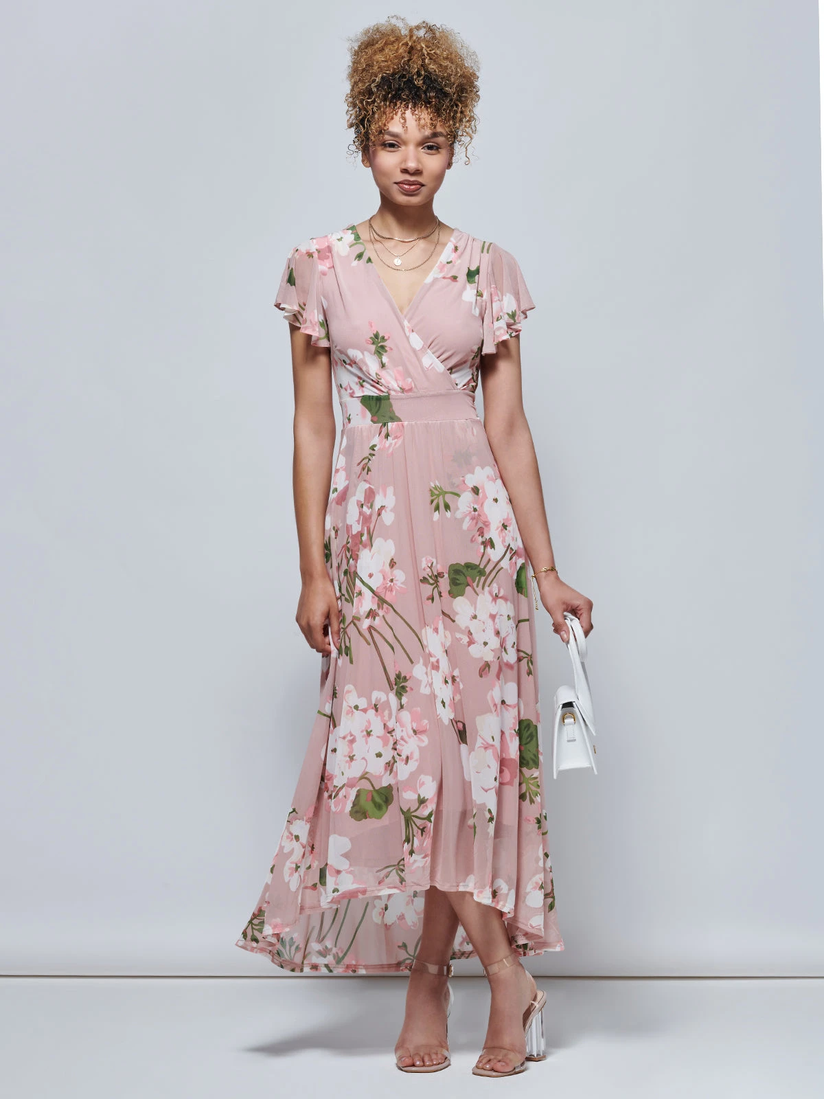 Jolie Moi Eleanor Wrap Mesh Maxi Dress, Pink Floral 7 Jolie Moi Eleanor Wrap Mesh Maxi Dress, Pink Floral - Image 7
