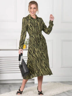 Jolie Moi Shea Viscose Shirt Midi Dress, Green Animal -DORIA Clothing Shop S091 112 Green Animal 6