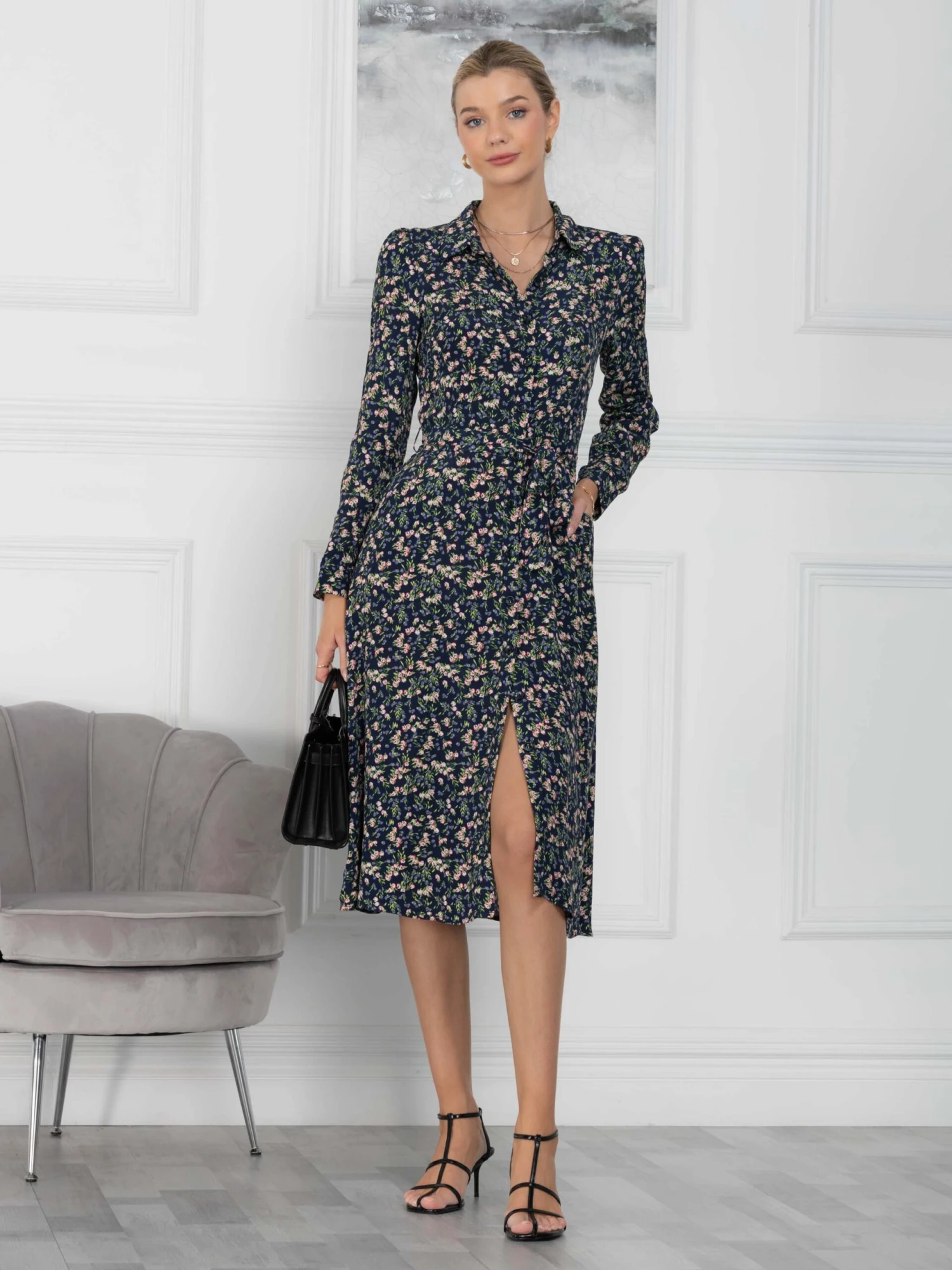 Jolie Moi Shea Viscose Shirt Midi Dress, Navy Floral 4 Jolie Moi Shea Viscose Shirt Midi Dress, Navy Floral - Image 4