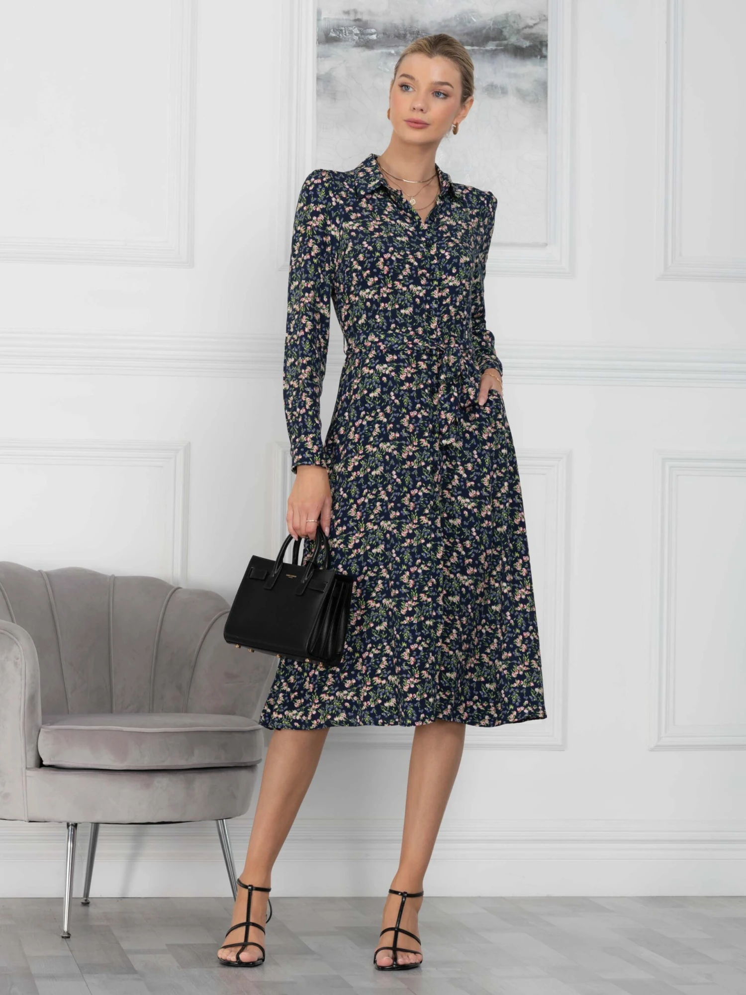 Jolie Moi Shea Viscose Shirt Midi Dress, Navy Floral 5 Jolie Moi Shea Viscose Shirt Midi Dress, Navy Floral - Image 5
