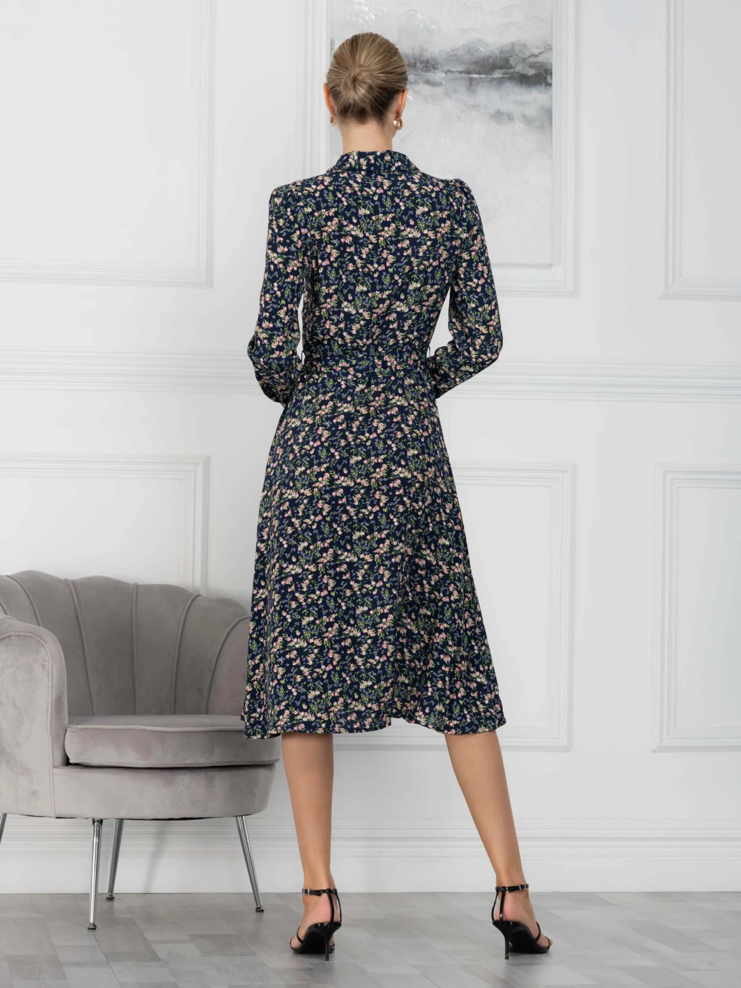 Jolie Moi Shea Viscose Shirt Midi Dress, Navy Floral 2 Jolie Moi Shea Viscose Shirt Midi Dress, Navy Floral - Image 2
