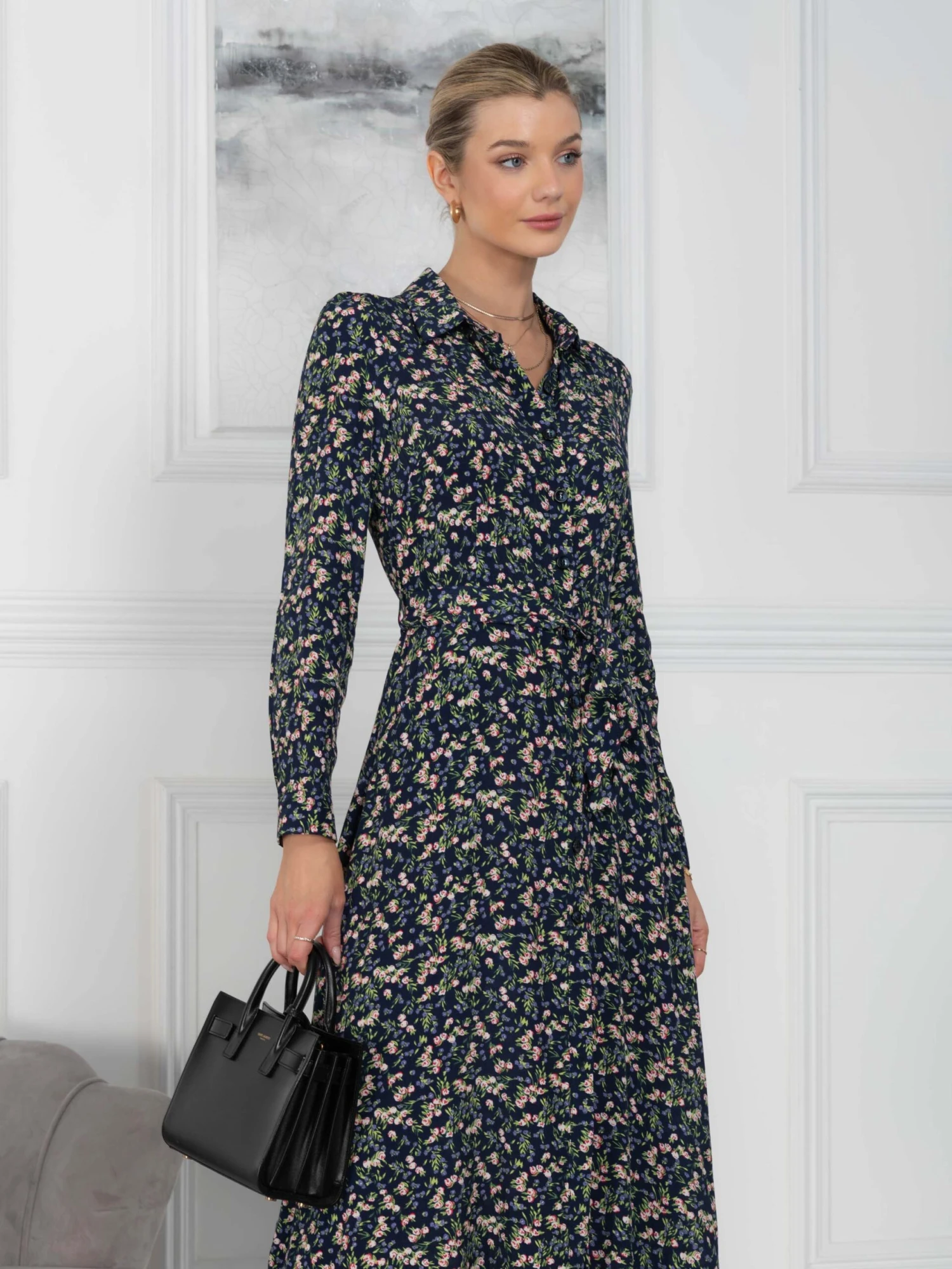 Jolie Moi Shea Viscose Shirt Midi Dress, Navy Floral 6 Jolie Moi Shea Viscose Shirt Midi Dress, Navy Floral - Image 6