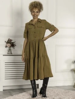 Jolie Moi Military Tiered Corduroy Shirt Dress, Khaki 7 Jolie Moi Military Tiered Corduroy Shirt Dress, Khaki -DORIA Clothing Shop SH2102 5 Khaki 1