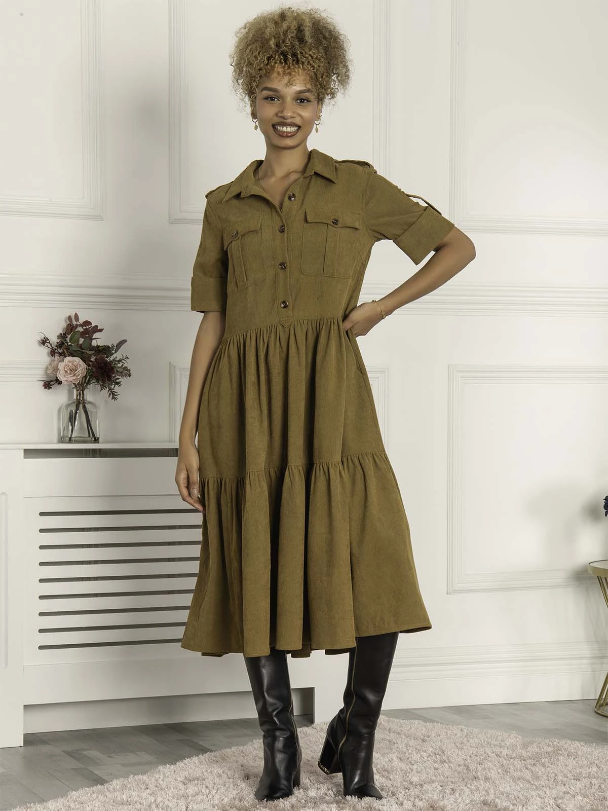 Jolie Moi Military Tiered Corduroy Shirt Dress, Khaki 3 Jolie Moi Military Tiered Corduroy Shirt Dress, Khaki - Image 3