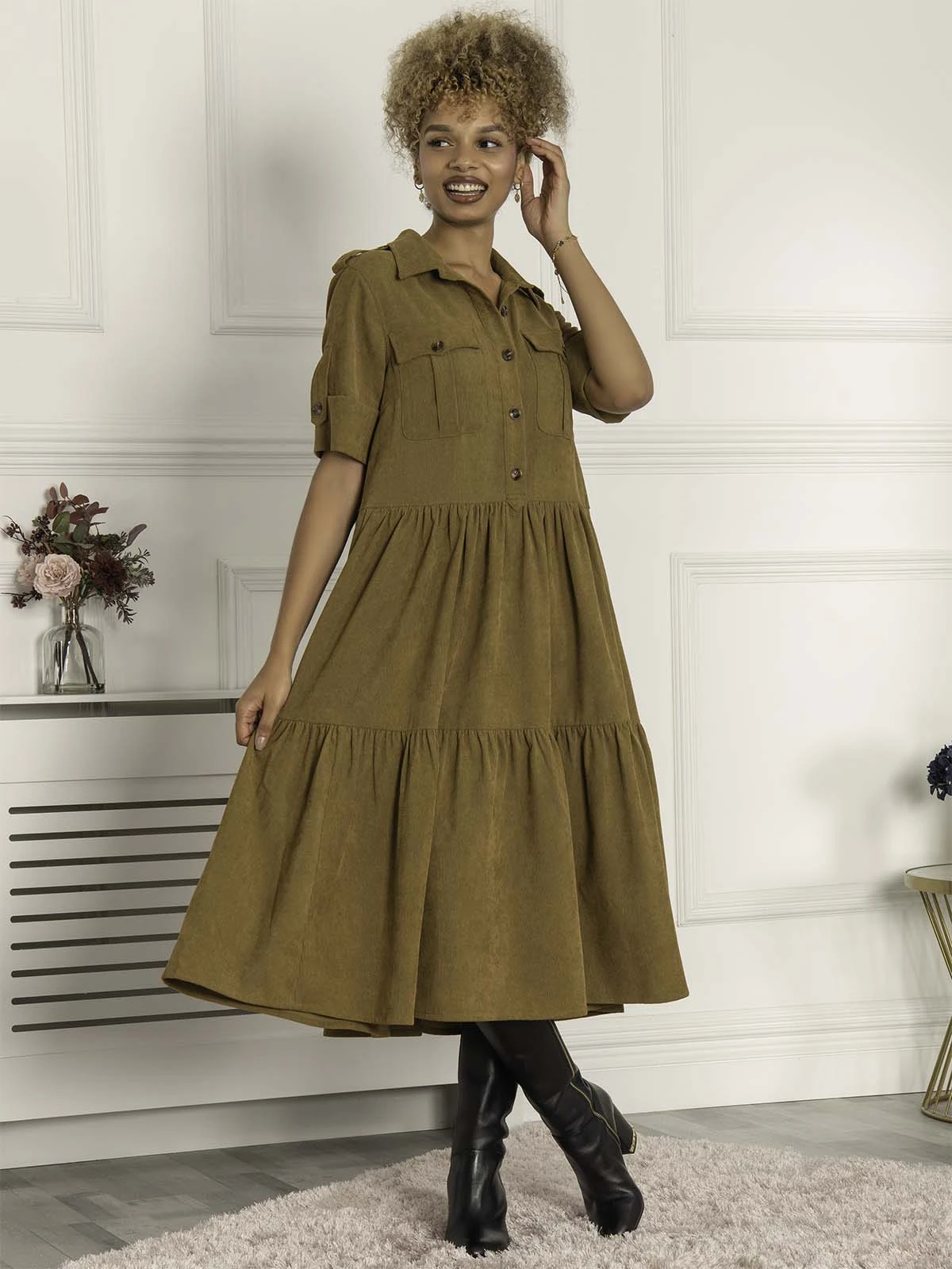 Jolie Moi Military Tiered Corduroy Shirt Dress, Khaki 4 Jolie Moi Military Tiered Corduroy Shirt Dress, Khaki - Image 4