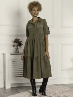 Jolie Moi Military Tiered Shirt Dress, Soldier Green 8 Jolie Moi Military Tiered Shirt Dress, Soldier Green -DORIA Clothing Shop SH2102 5 SoldierGreen 1