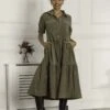 Jolie Moi Military Tiered Shirt Dress, Soldier Green