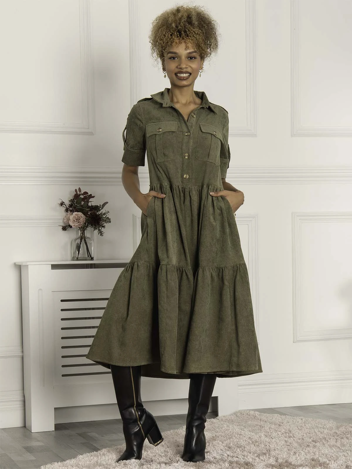 Jolie Moi Military Tiered Shirt Dress, Soldier Green 1 Jolie Moi Military Tiered Shirt Dress, Soldier Green