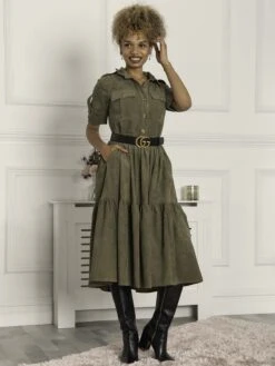 Jolie Moi Military Tiered Shirt Dress, Soldier Green 7 Jolie Moi Military Tiered Shirt Dress, Soldier Green -DORIA Clothing Shop SH2102 5 SoldierGreen 3