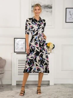 Calla Puff Sleeve Shirt Dress, Black Leafy -DORIA Clothing Shop SLK 091 BlackLeafy 2