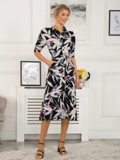 Calla Puff Sleeve Shirt Dress, Black Leafy -DORIA Clothing Shop SLK 091 BlackLeafy 3