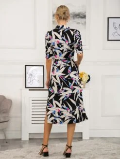 Calla Puff Sleeve Shirt Dress, Black Leafy -DORIA Clothing Shop SLK 091 BlackLeafy 4