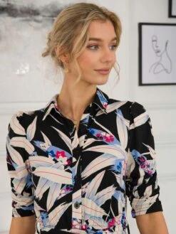 Calla Puff Sleeve Shirt Dress, Black Leafy -DORIA Clothing Shop SLK 091 BlackLeafy 5