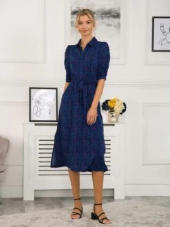Calla Puff Sleeve Shirt Dress, Blue Animal -DORIA Clothing Shop SLK 091 BlueAnimal 2