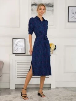 Calla Puff Sleeve Shirt Dress, Blue Animal -DORIA Clothing Shop SLK 091 BlueAnimal 3