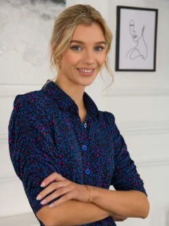 Calla Puff Sleeve Shirt Dress, Blue Animal -DORIA Clothing Shop SLK 091 BlueAnimal 5