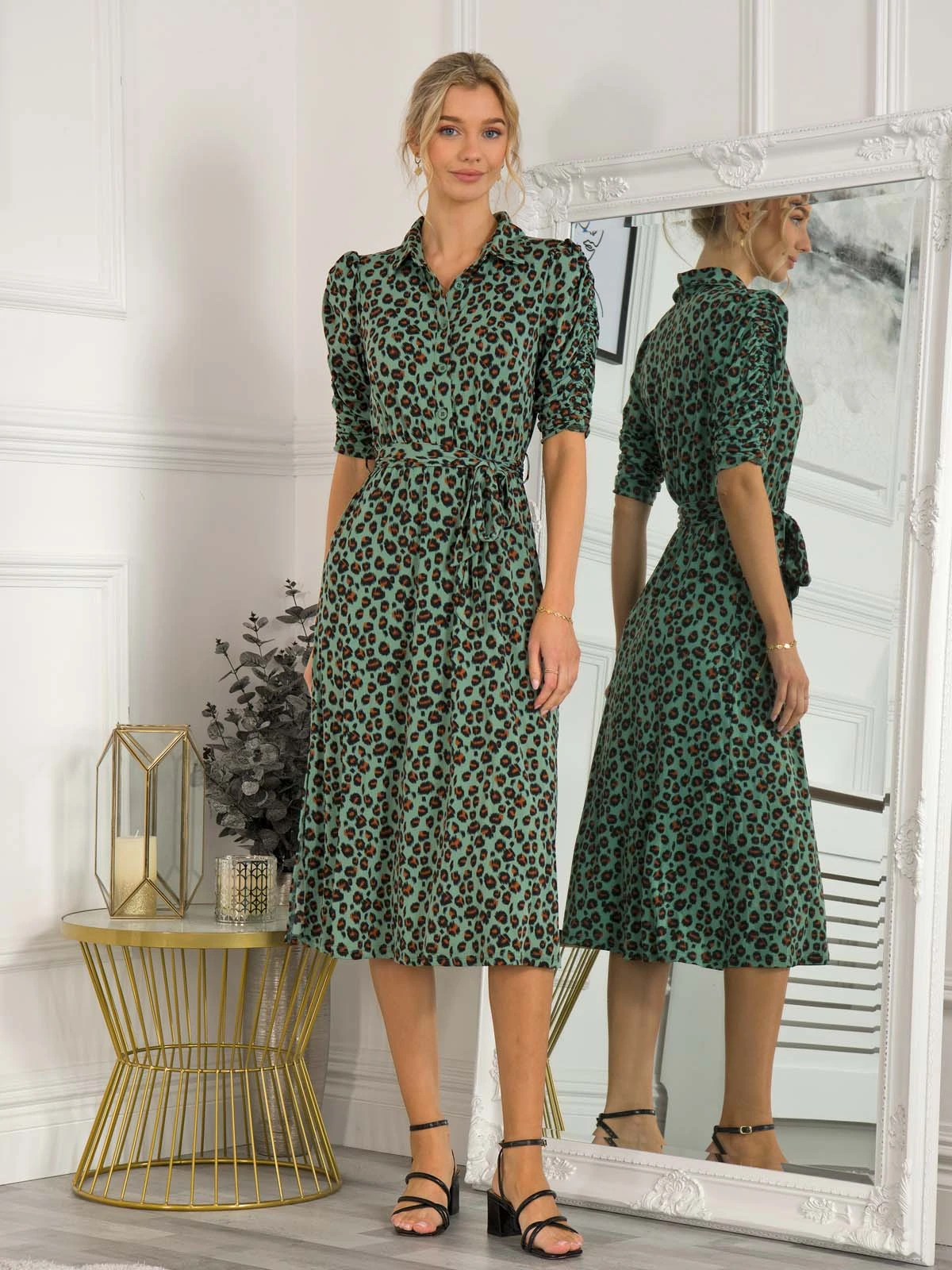 Calla Animal Print Shirt Dress, Green Leopard 1 Calla Animal Print Shirt Dress, Green Leopard