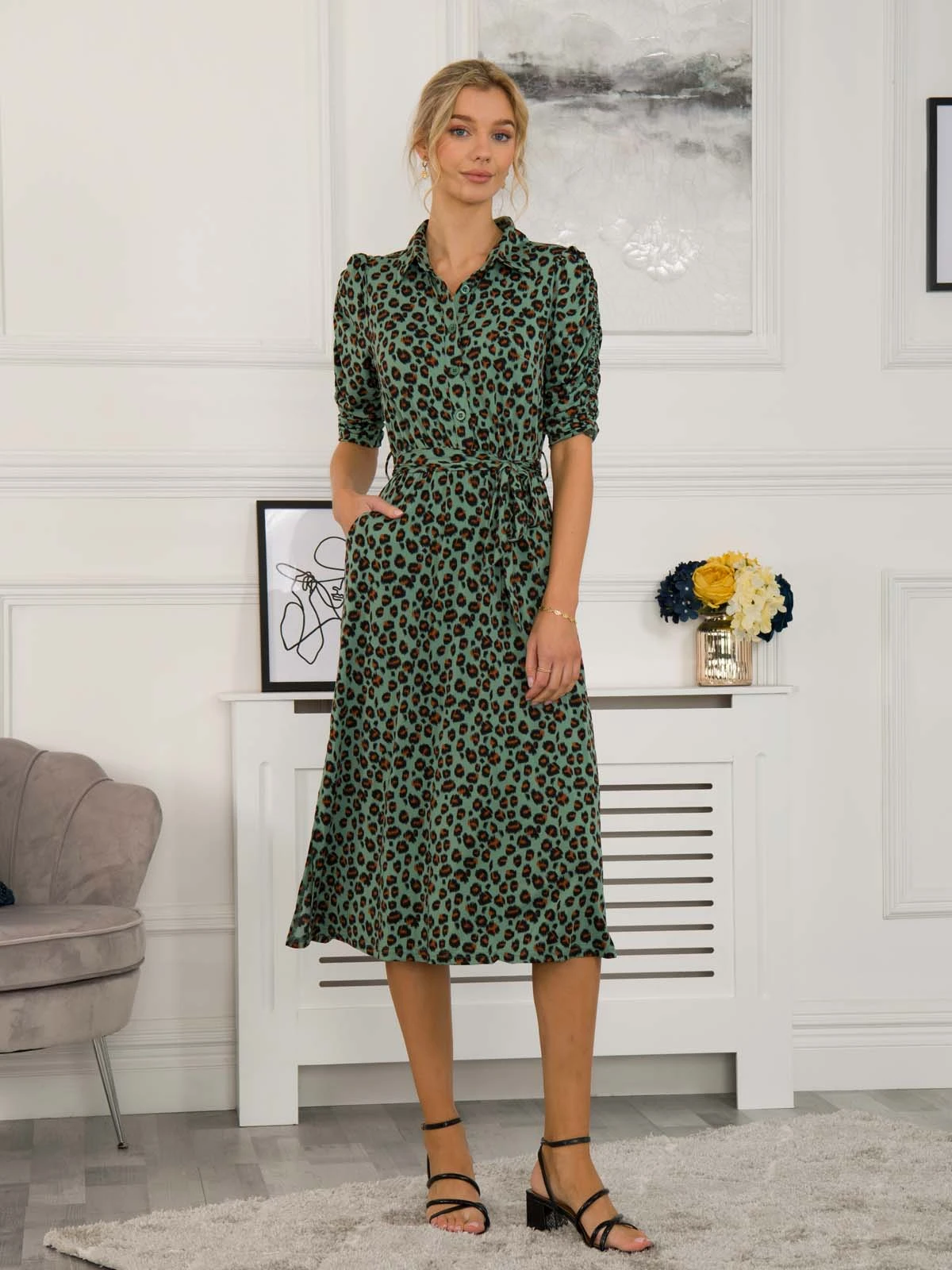 Calla Animal Print Shirt Dress, Green Leopard 3 Calla Animal Print Shirt Dress, Green Leopard - Image 3