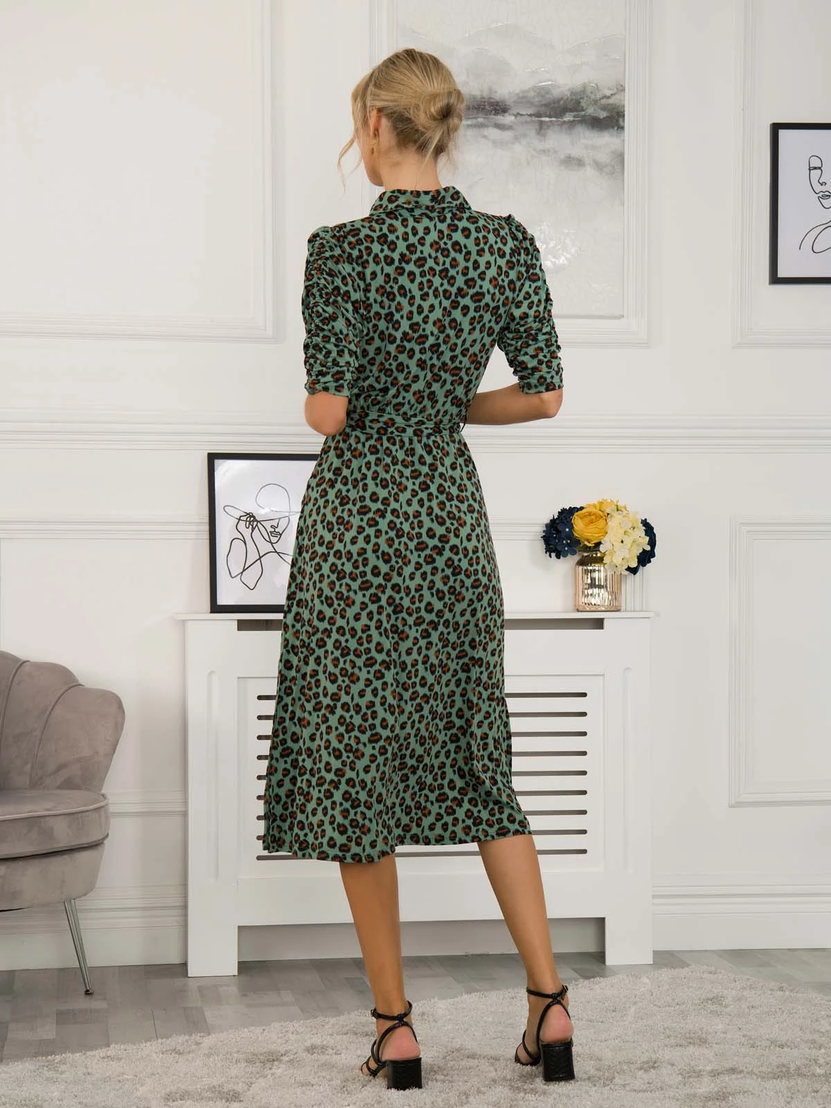 Calla Animal Print Shirt Dress, Green Leopard 2 Calla Animal Print Shirt Dress, Green Leopard - Image 2