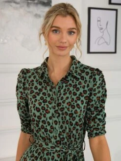 Calla Animal Print Shirt Dress, Green Leopard 11 Calla Animal Print Shirt Dress, Green Leopard -DORIA Clothing Shop SLK 091 GreenAnimal 6