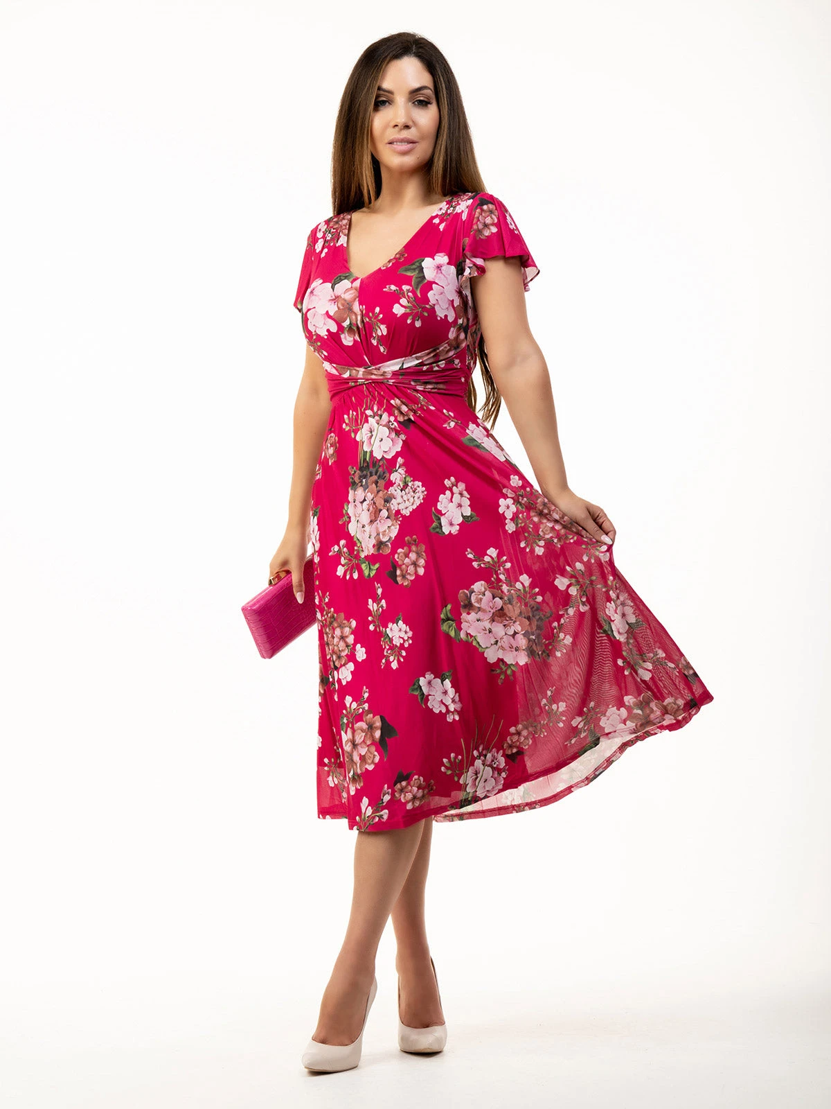 Sarina Wrap Mesh Midi Dress, Cerise 6 Sarina Wrap Mesh Midi Dress, Cerise - Image 6