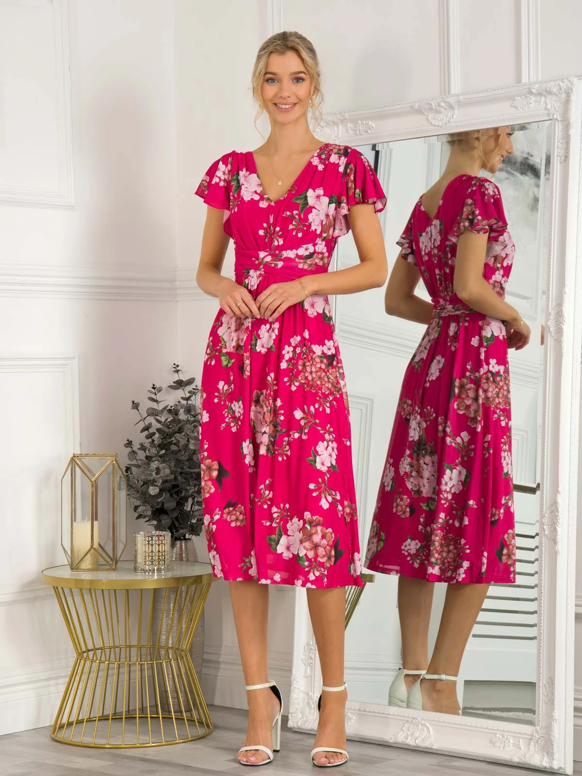 Sarina Wrap Mesh Midi Dress, Cerise 2 Sarina Wrap Mesh Midi Dress, Cerise - Image 2